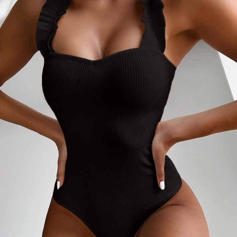 Women Fashion Solid Color Basic Ruffled Strap Tight Bodysuit