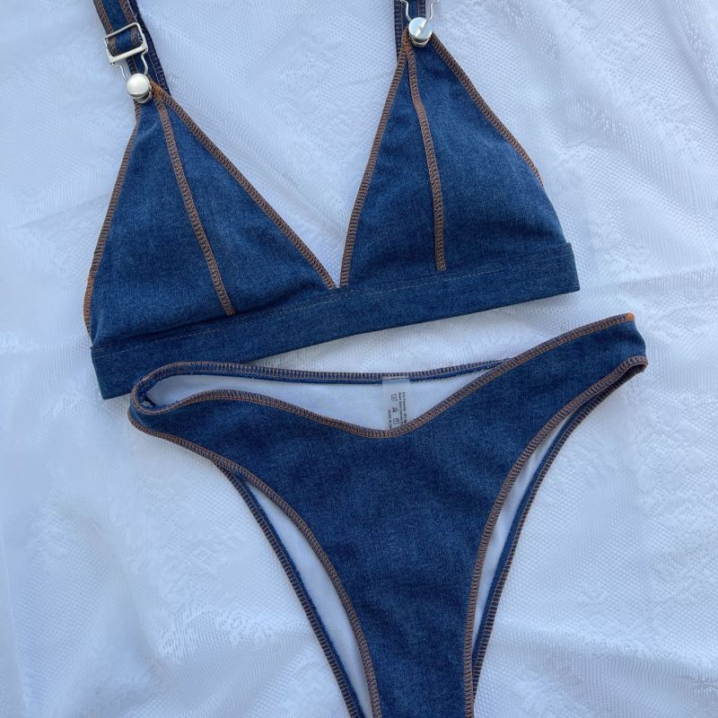 Women'S Sexy Solid Denim Blue Swimsuit Two-Piece Set