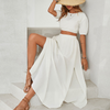 Women Summer Vacation Solid Color Short-Sleeved Short Top And Long Skirt Fashion Two Pieces Set