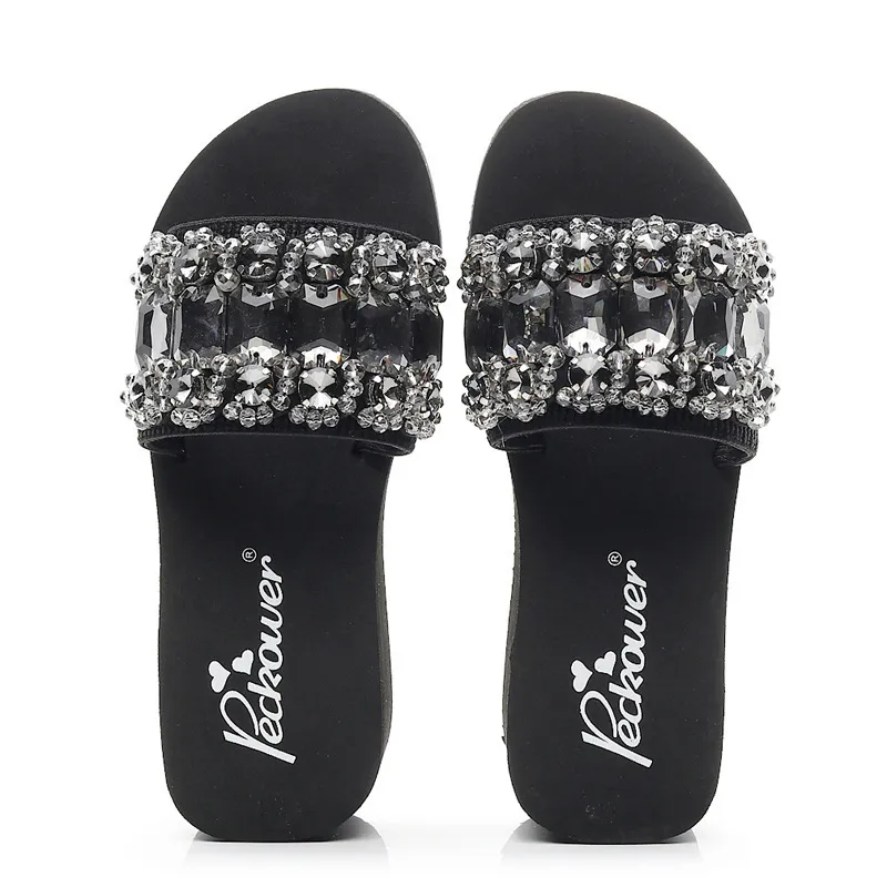 Women Fashion Vacation Beach Plus Size Rhinestone Thick-Soled Slippers