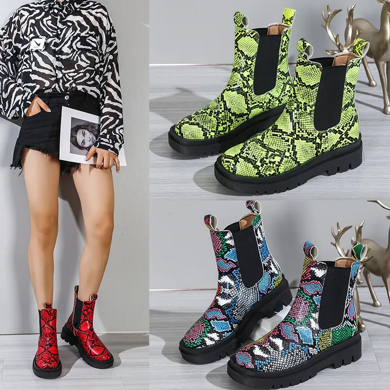 Women Fashion Plus-Size British Style Snake Print Round Head Thick-Soled Mid-Calf Boots