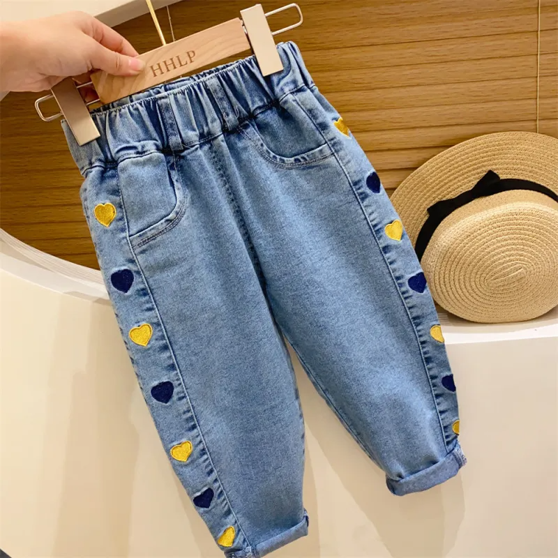 Children Kids Baby Fashion Girls Casual Embroidered Cartoon Denim Pants