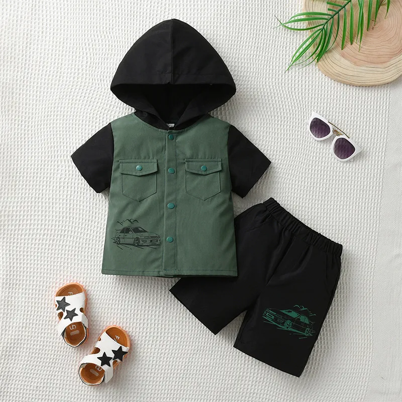 Kids Baby Boys Summer Fashion Casual Color Matching Car Pattern Button Hoodies Short Sleeve Shorts Set