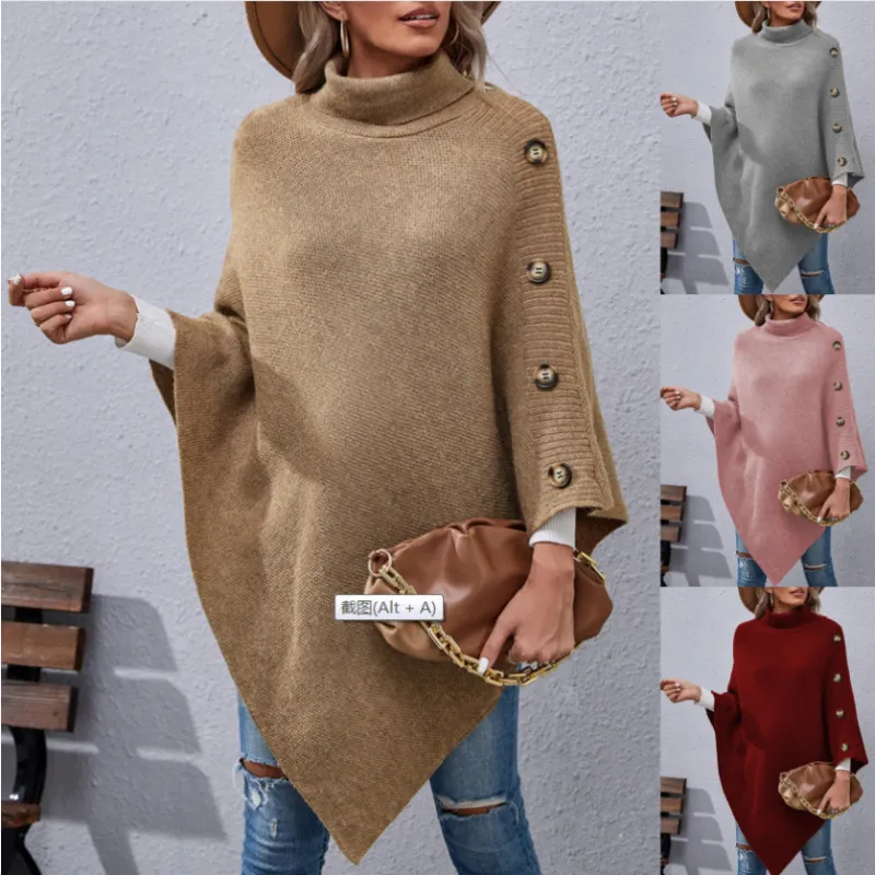 Autumn And Winter Women Fashion Button High Collar Irregular Sweater Shawl Coat