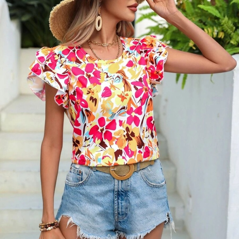 Fashion Women Summer Vacation Floral Print Double Layer Ruffled Short-Sleeved Blouse