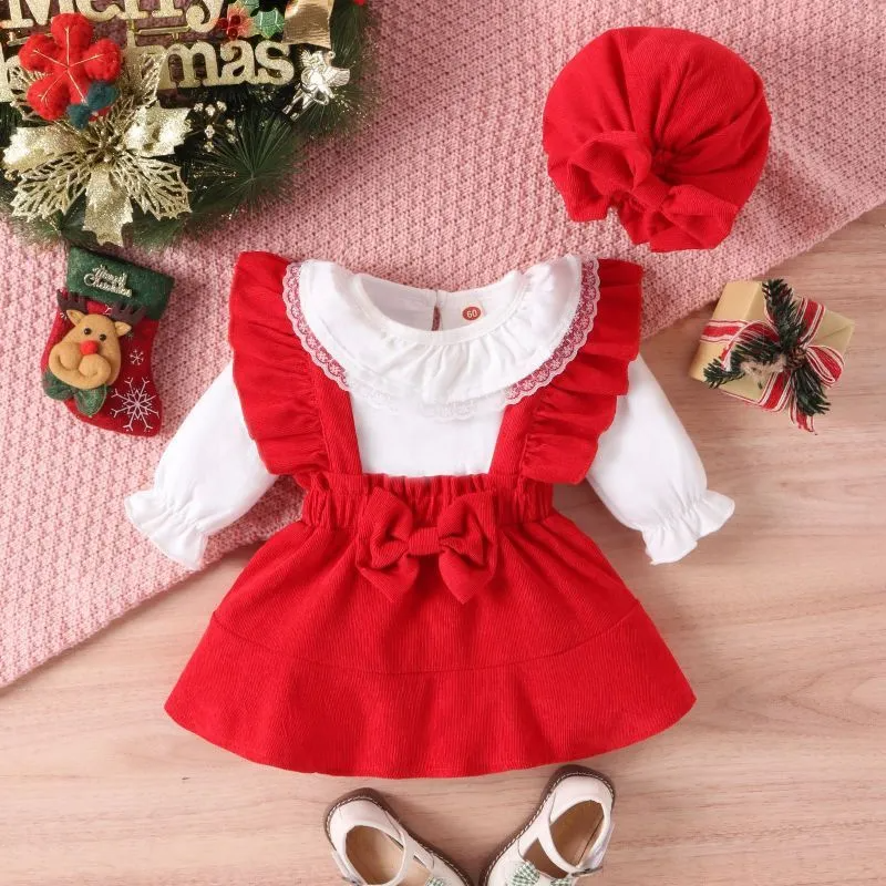 Baby Fashion Casual Christmas Solid Color Long Sleeve Round Neck Romper Playd Bow Skirt Sets