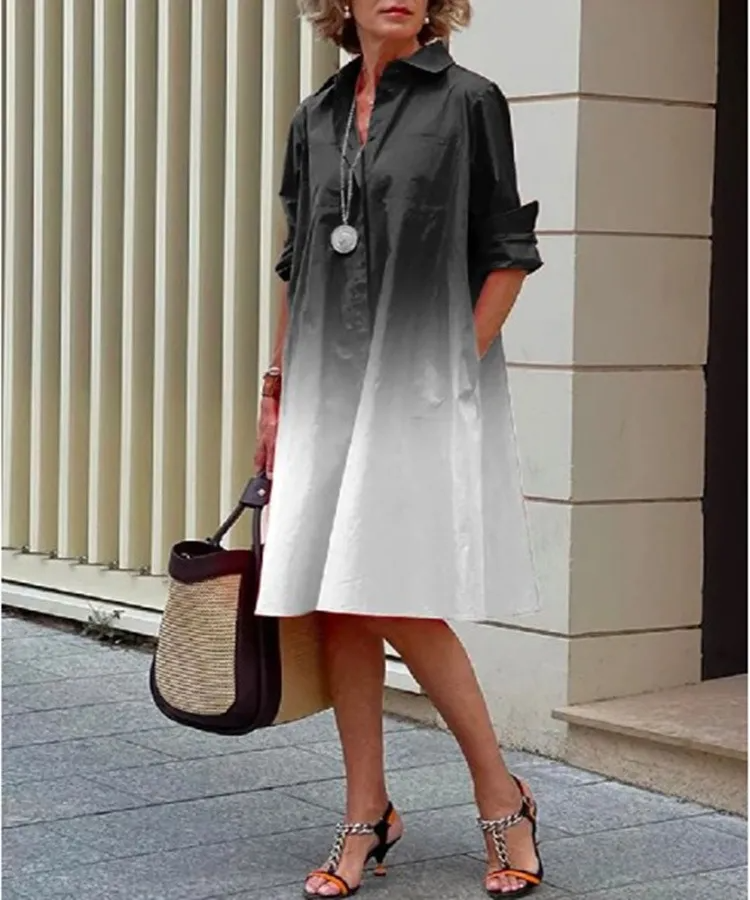 Casual Fashion Women Gradient Printing Shirt Collar Long Sleeve Pocket Dress