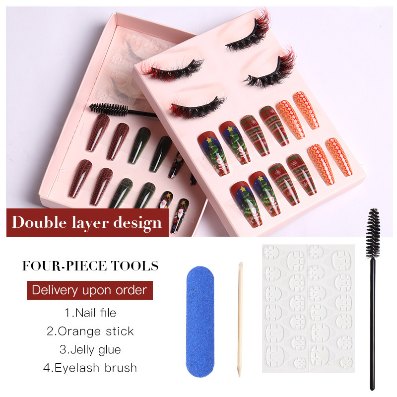 Women Fashion Thick Mink False Eyelashes Santa Claus False Nail Set