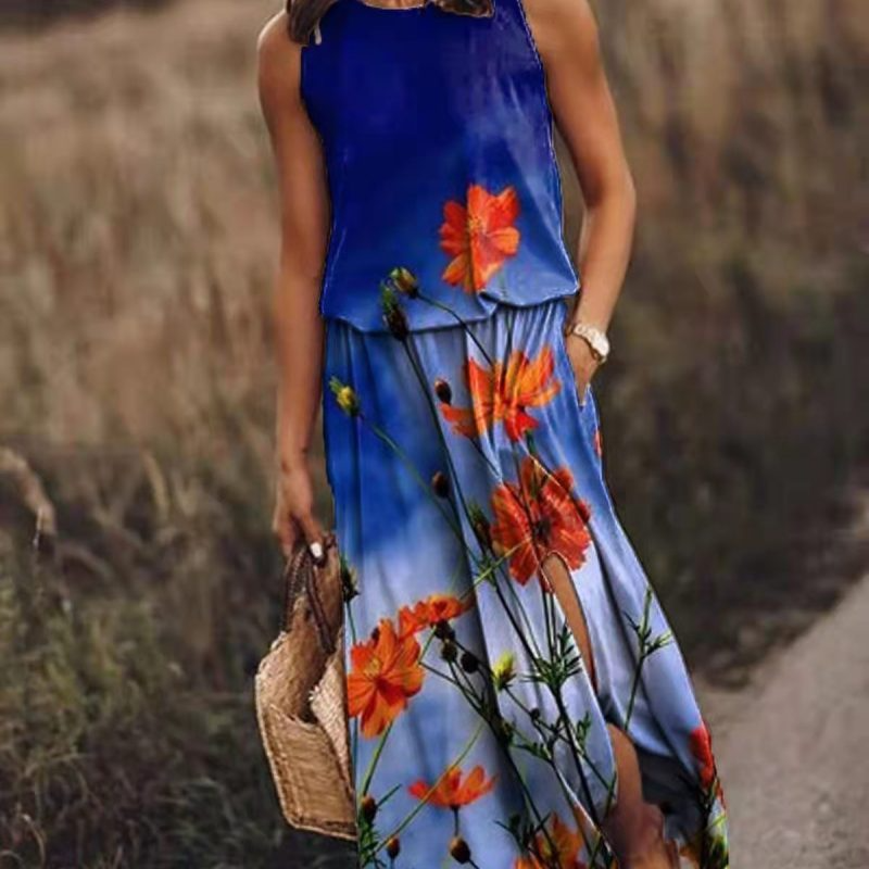 Women Fashion Vintage Casual Floral Printing Sleeveless Slit Loose Dress