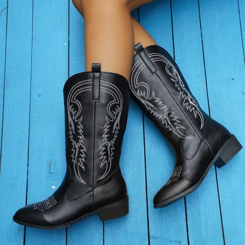 Women Fashion Plus Size V-Mouth Embroidery Pointed Toe Mid-Calf Boots