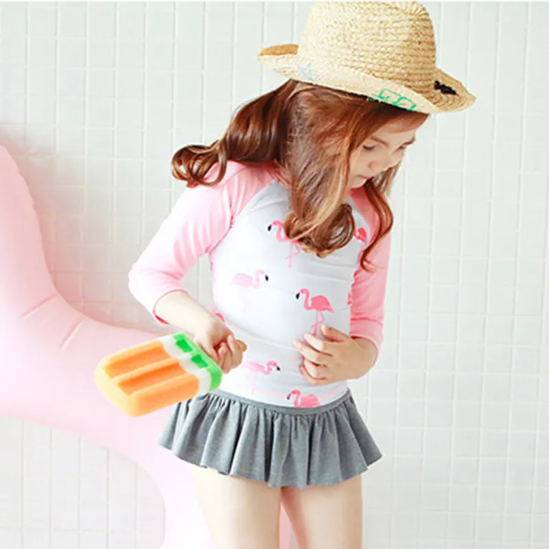(Buy 1 Get 1) Children Kids Baby Fashion Girls Long Sleeve Quick-Drying Cartoon Flamingo Print Swimsuit 3pcs Set