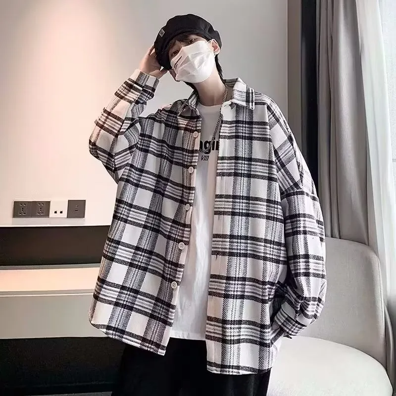 Men Spring Autumn Fashion Casual Plaid Long Sleeve Lapel Shirt Coat