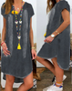 Women Casual Summer V Neck Pullover Short Sleeve Denim Dress