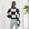 Women Simple Long Sleeve Plaid Jacquard Loose Knit Sweater