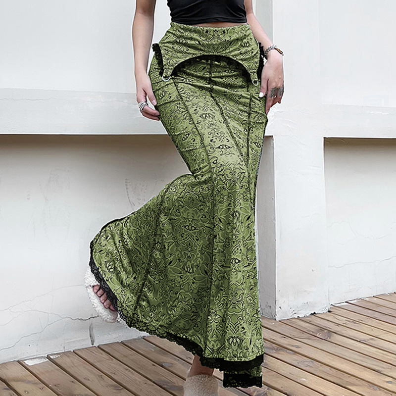 Women'S Fashion Temperament Printing Stitching Lace High Waist Mermaid Long Skirt