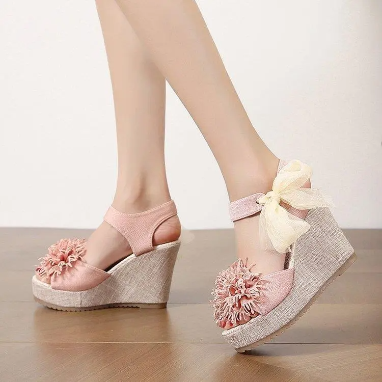 Women Fashion Plus Size Floral Ribbon Frosted Wedge Heel Open Toe Platform Shoes