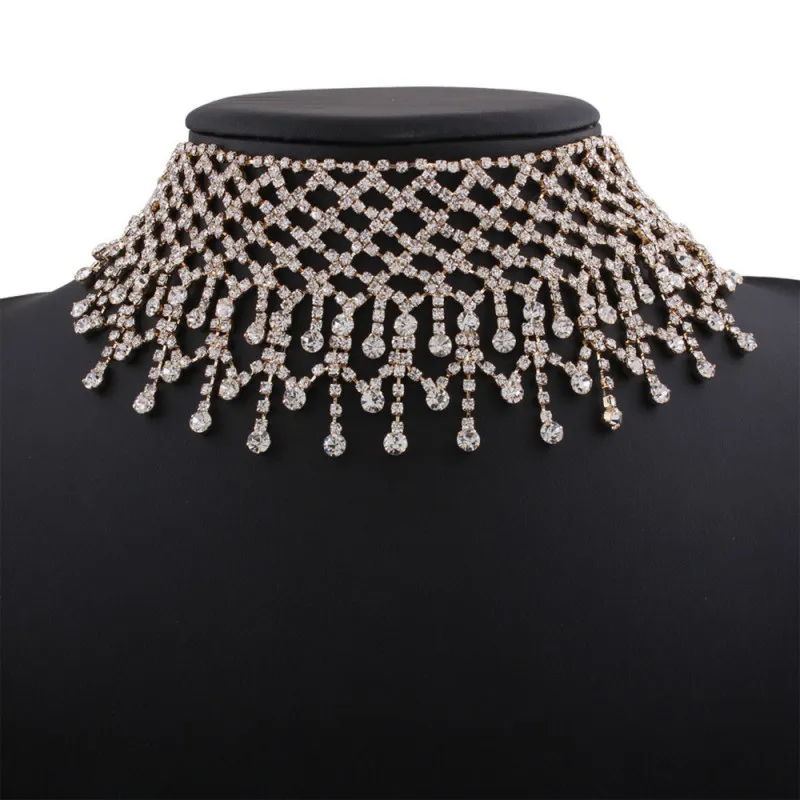 Women Fashion Exaggerated Mesh Water Drop Rhinestone Necklace