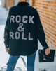 Women Fashion Casual Punk Vintage Letter Pattern Washed Loose Black Denim Jacket