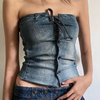 Women'S Fashion Edgy Boat Neck Single-Breasted Denim Tube Top