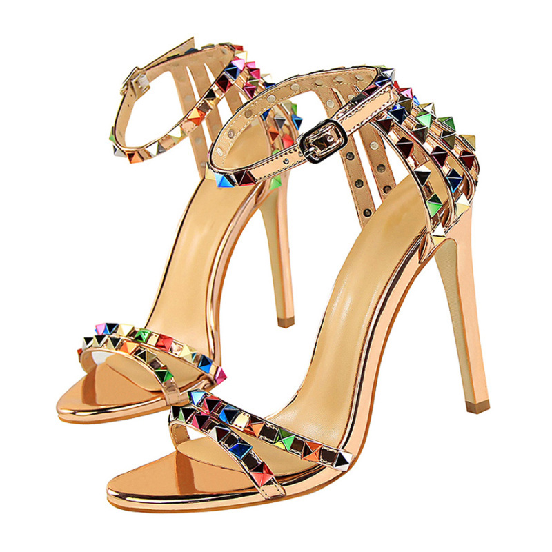 Fashion Women Sexy 11cm High Heels Rivets Studded Sandals Ankle Buckle Strap Stiletto Shoes