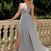 Elegant Women Fashion Sequin Decor Deep V Side Slit Mesh Maxi Party Evening Dress