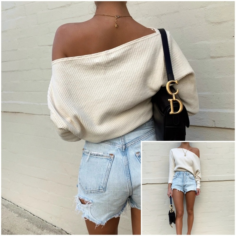 Women Fashion Street Solid Color Loose One Shoulder Long Sleeve Knitted Sweater