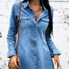 Women Sexy Autumn Casual Solid Color Lapel Single-Breasted Long Sleeve Denim Dress