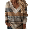 Women Casual Geometry Printing V-Neck Loose Long-Sleeved Pullover Knitted Sweater