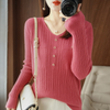 Women Solid Color Urban Casual Office Chic Slim-Fit V-Neck Knitted Long-Sleeved Tops Knitwear