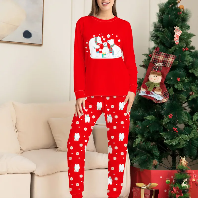 Christmas Cartoon Bear Snowflake Print Round Neck Long Sleeve Parent-Child Pajamas Set