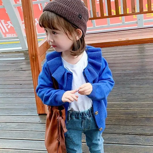 Girls Sweet Ruffled Solid Color Single-Breasted Knit Coat