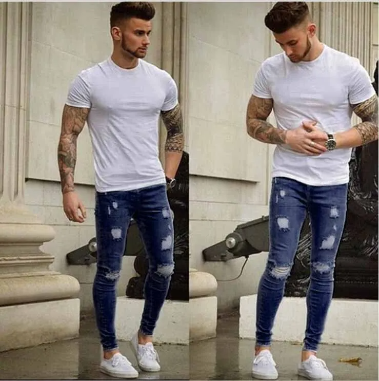 Men Casual Frayed Slim Jeans