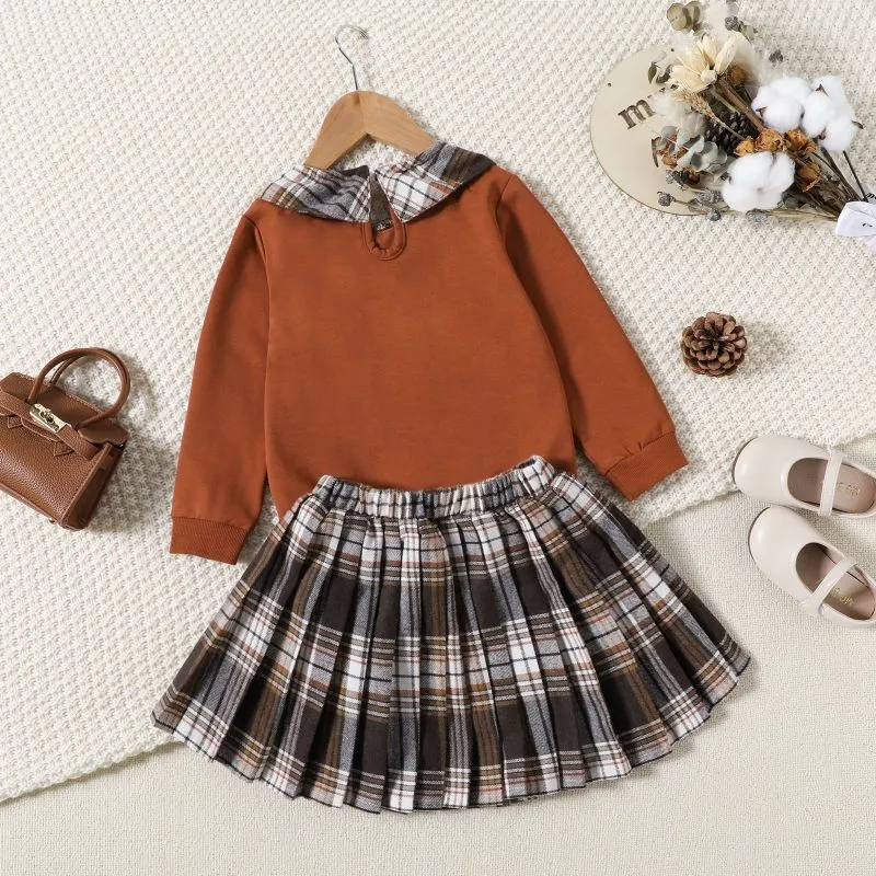 (Buy 1 Get 2) Children Fashion Plaid Print Girl Long Sleeve Plaid Print Two-Piece Set