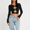 Women Fashion Sexy Solid Color Hollow Metal Buckle Design Long Sleeve Crop Top