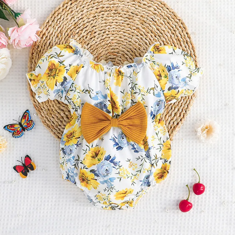 Kids Baby Girls Casual Cute Bow Floral Puff Sleeve Romper