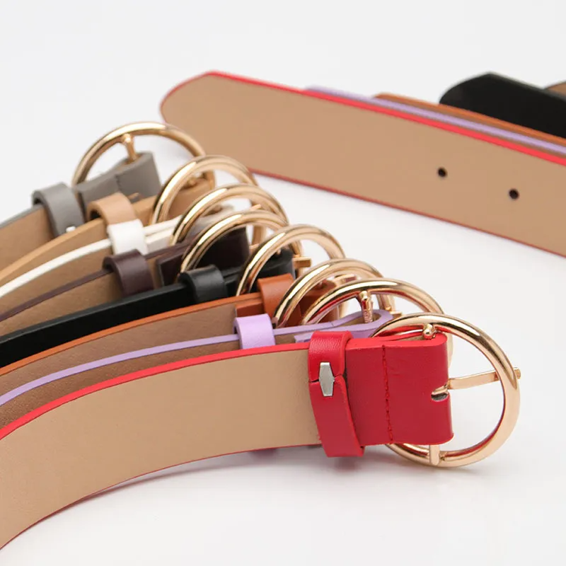 Women Casual Simple Alloy Round Buckle Versatile Pu Belt