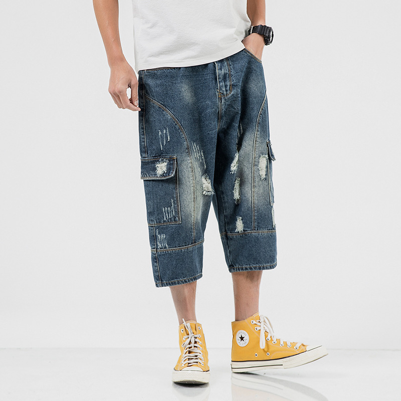 Men Retro Low Rise Straight Ripped Loose Denim Cropped Pants