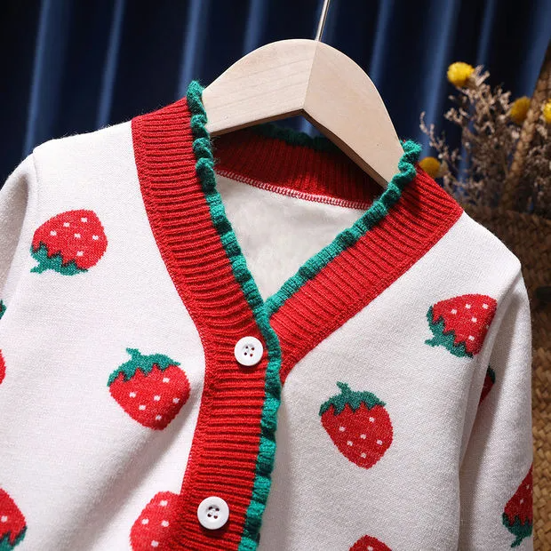 Children Kids Baby Fashion Girls Long Sleeve Strawberry Knitted Cardigan