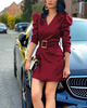 Women Fashion Sexy V-Neck Long Sleeve PU Dress Belt