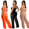 Women Solid Color Mesh Bandeau Top And High Waist Pants Stylish Two-Piece Set