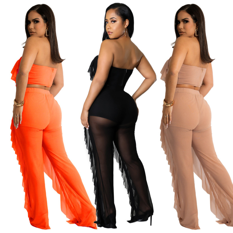 Women Solid Color Mesh Bandeau Top And High Waist Pants Stylish Two-Piece Set