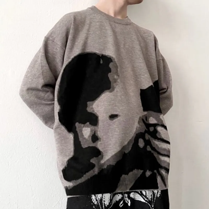 Men'S Casual Long-Sleeved Round Neck Retro Printed Loose Sweater