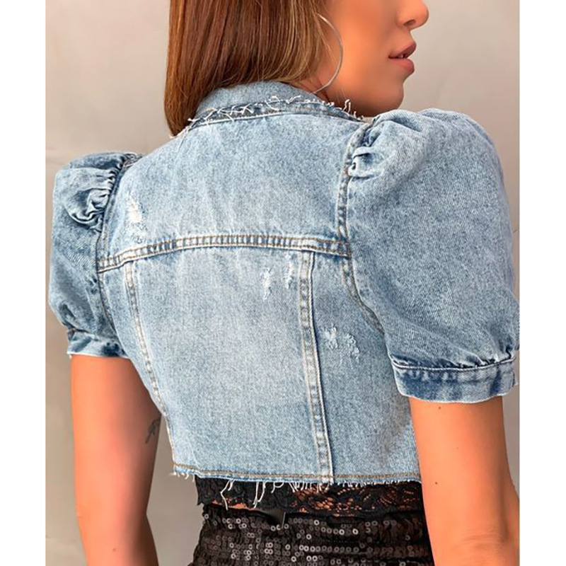 2 Pieces  Women Fashion Vintage Frayed Denim Short Sleeve Single-Breasted Jacket