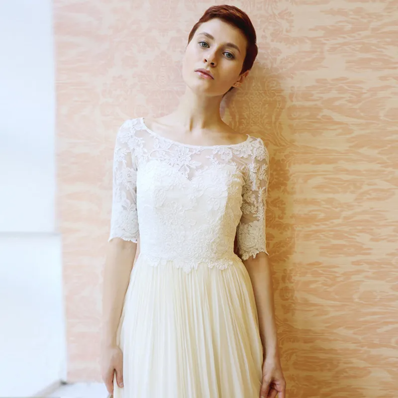 Fashion Temperament Bride Wedding Lace Mid-Length Sleeve Maxi Evening Dress