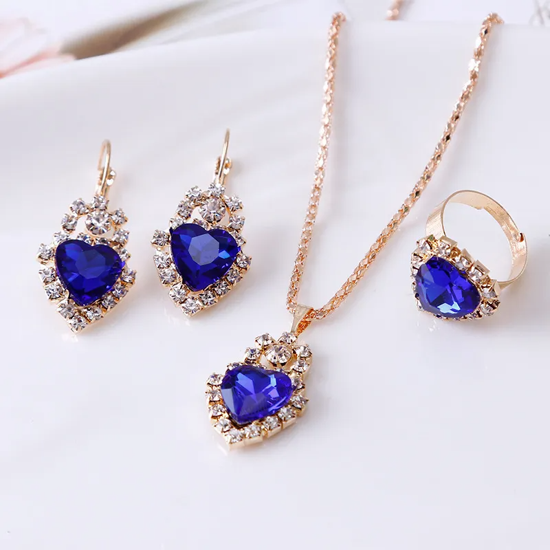 (Buy 1 Get 2) Women Fashion Heart Rhinestone Earrings Necklace Ring Set