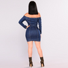 2 Pieces  Women Sexy Off-The-Shoulder Long-Sleeve Single-Breasted Design Bodycon Denim Dress