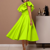 Women Fashion Elegant Solid Color Ruffled Neck Short Sleeve Defined Waist Dress