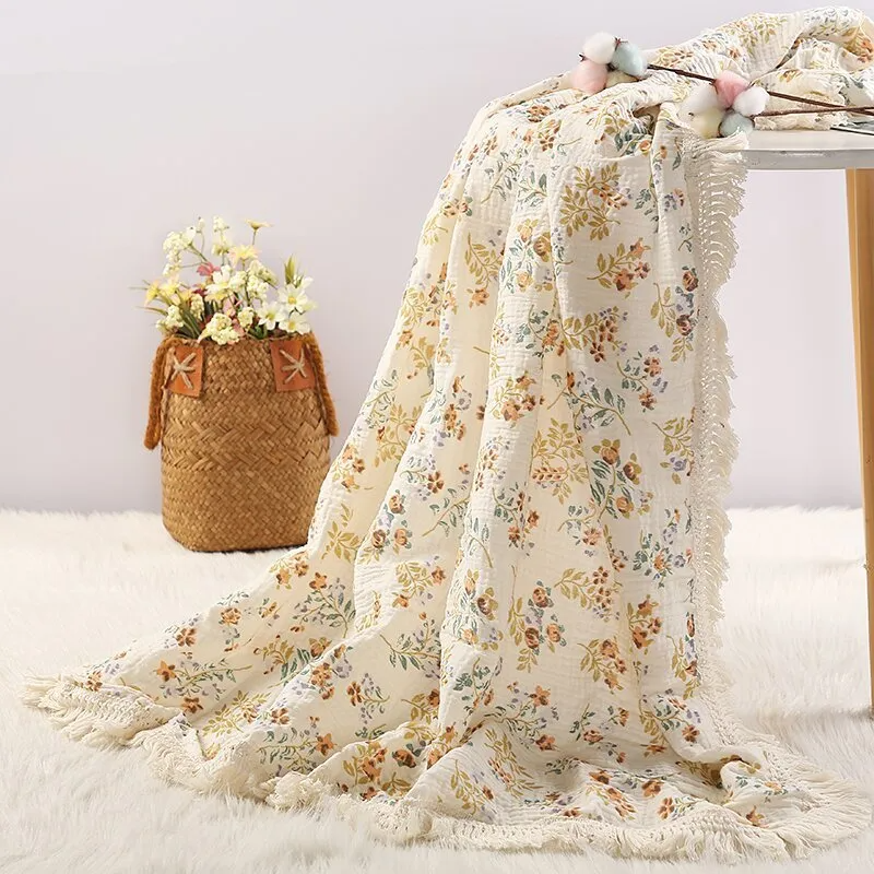 Baby Floral Swaddle Blanket Cotton Muslin Sqaddles With Tassels (100*120cm )