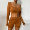 Women Athleisure Basic Long-Sleeve Square Neck Crop Top And Solid Color Shorts Two-Piece Set