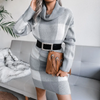 Women Casual Elegant Winter Plaid Turtle Neck Color Blocking Knitted Dress